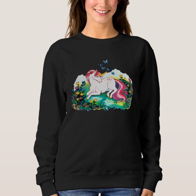 Colourful unicorn lying on a flower filled area sweatshirt (Front)