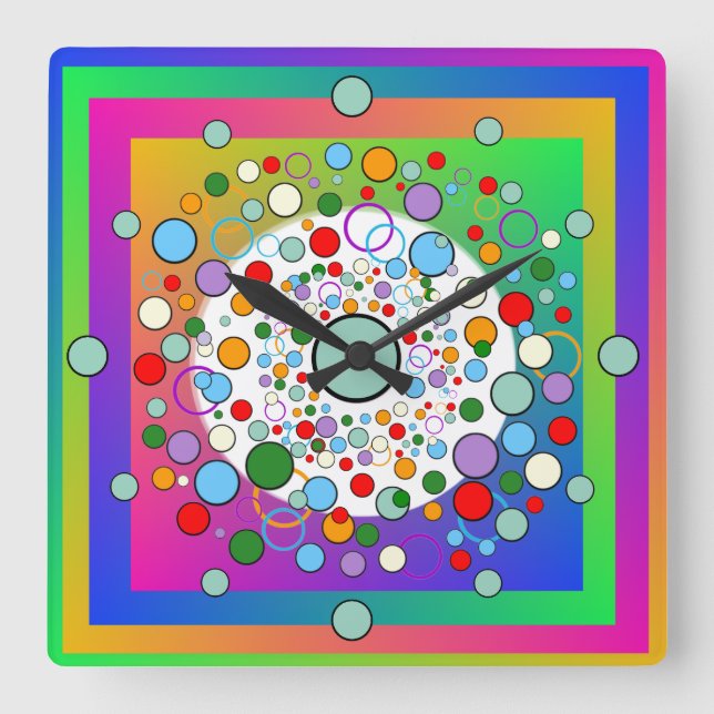 Colourful Vibrant  Rainbow Circles and Dots Square Square Wall Clock (Front)