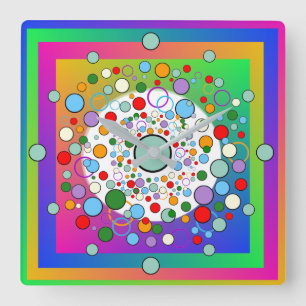 Colourful Vibrant Rainbow Circles and Dots Square Wall Clock