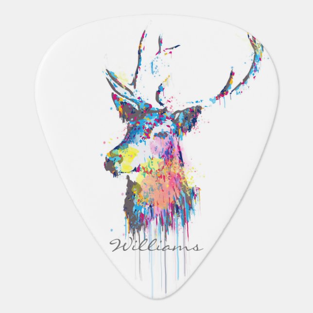 colourful vibrant watercolours splatters deer head guitar pick (Front)