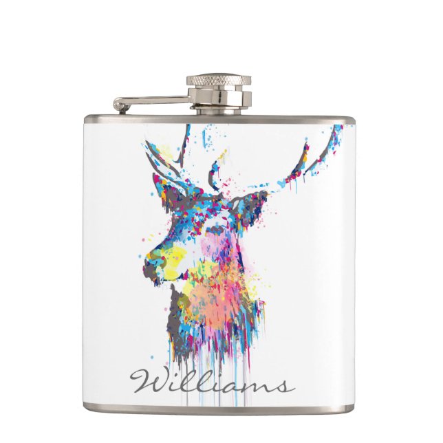 colourful vibrant watercolours splatters deer head hip flask (Front)