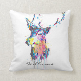 colourful vibrant watercolours splatters deer head throw pillow