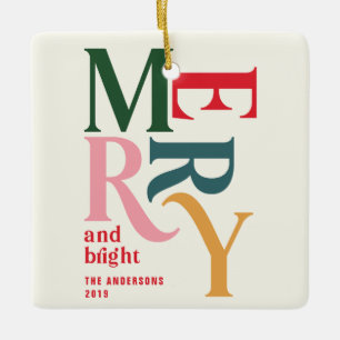 Colourful vintage merry christmas retro merry ceramic ornament