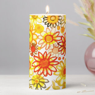 Colourful watercolor daisies and sunflowers pillar candle