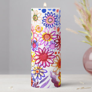 Colourful watercolor daisies and sunflowers pillar candle