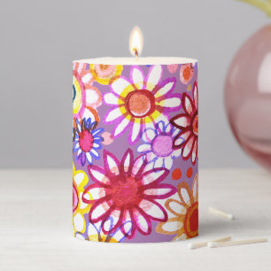 Colourful watercolor daisies and sunflowers pillar candle