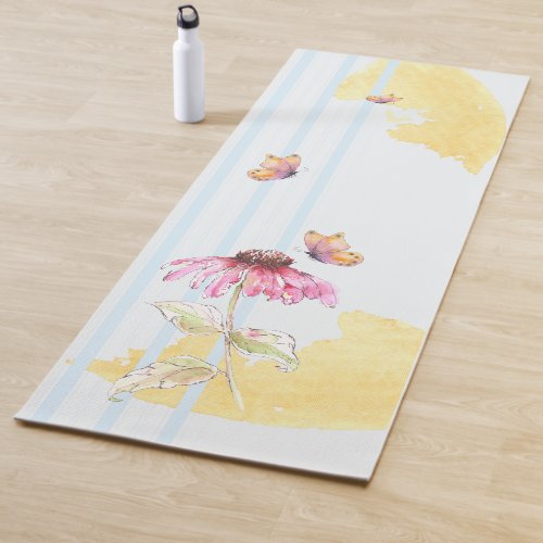 Colourful Watercolour Flower  Butterfly Stripe Yoga Mat