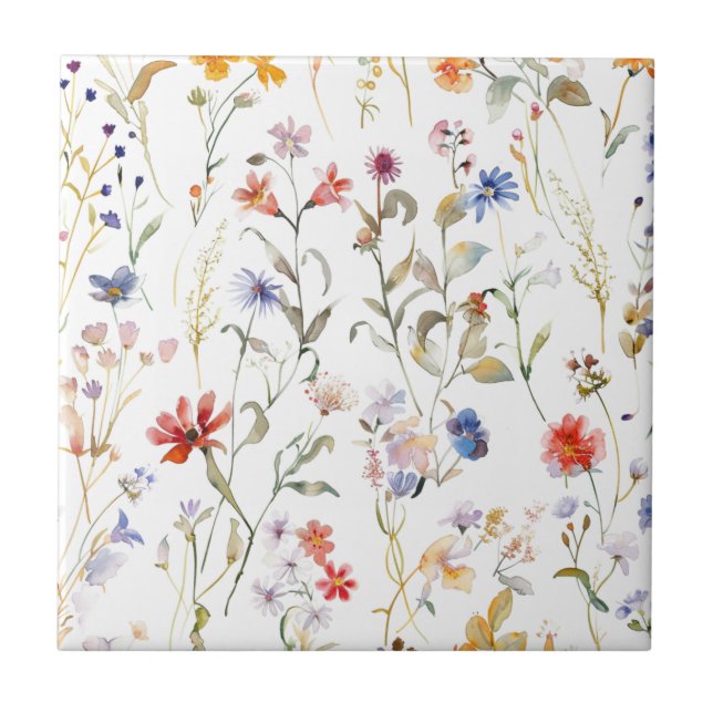 Colourful watercolour wild flower ceramic tile (Front)