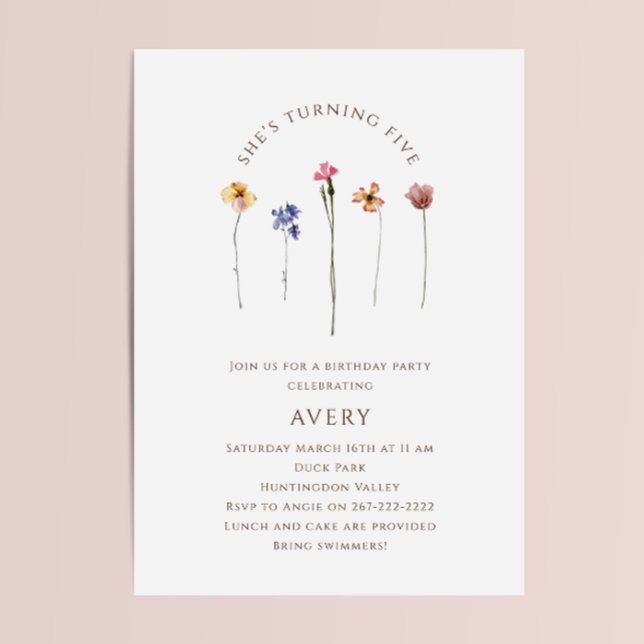 Colourful Wildflower Fifth Birthday Party Invitation (Creator Uploaded)