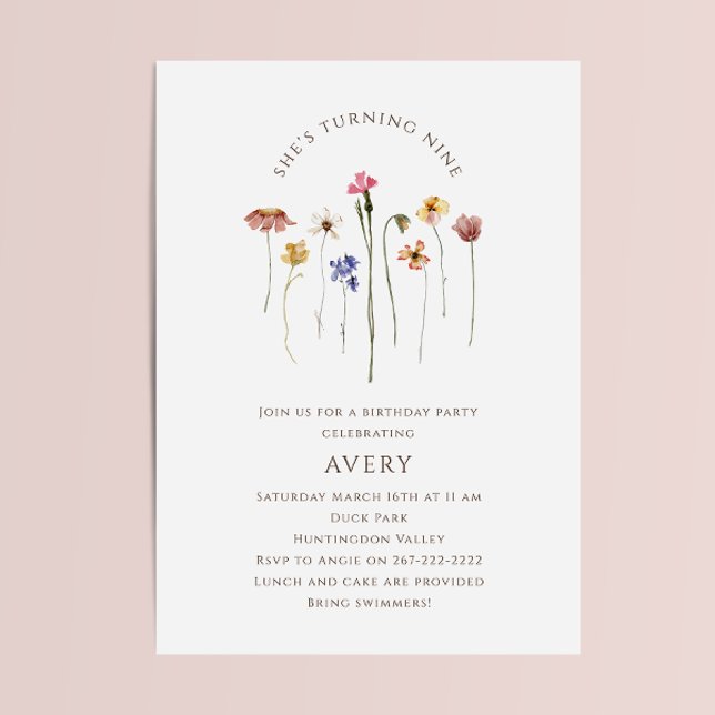 Colourful Wildflower Ninth Birthday Party Invitation (Creator Uploaded)