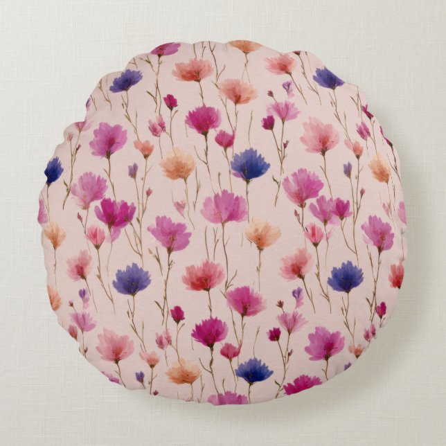 Colourful wildflowers round pillow (Front)