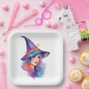 Colourful Witch Drawing Halloween Paper Plates
