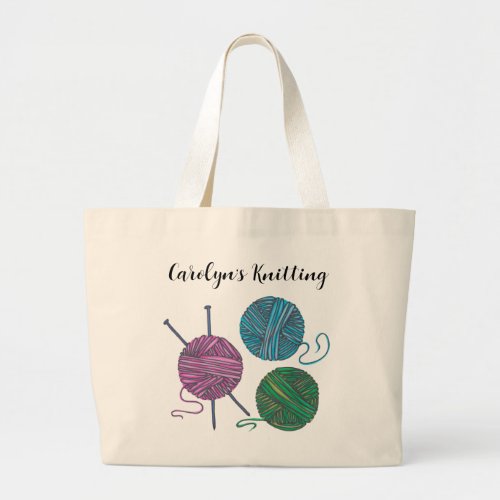 Colourful yarn and knitting needles personalised large tote bag