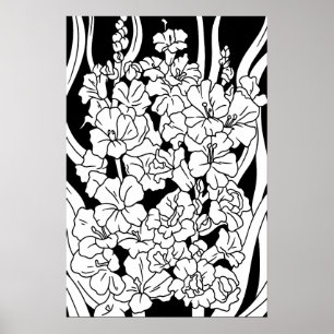 Colouring Page Beautiful Flowers on Black Poster