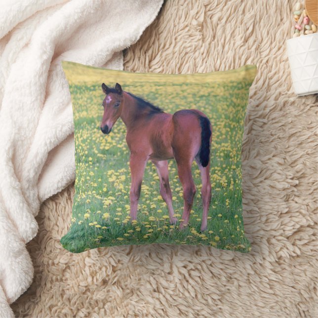 Colt in Dandelion Field Throw Pillow (Blanket)