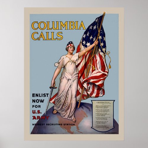 Columbia Calls Vintage WW1 Army Enlistment Poster