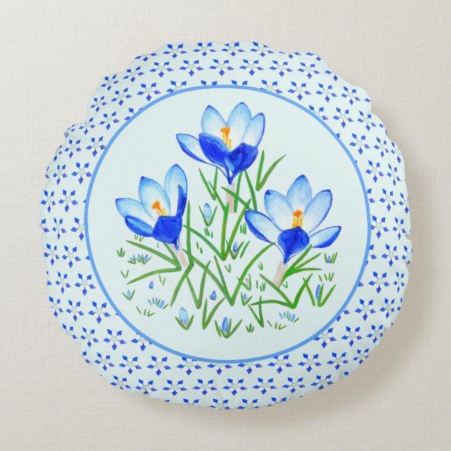 Columbine and Blue Crocuses Round Pillow (Front)