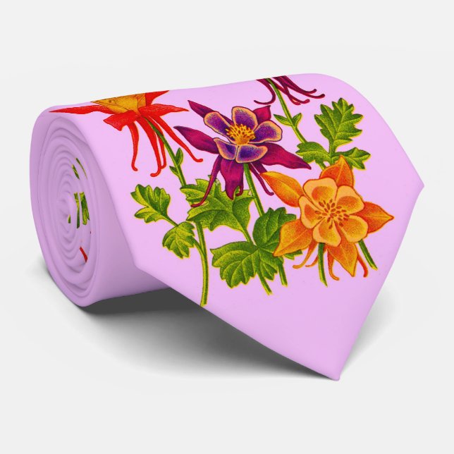 columbine flowers print neck tie (Rolled)