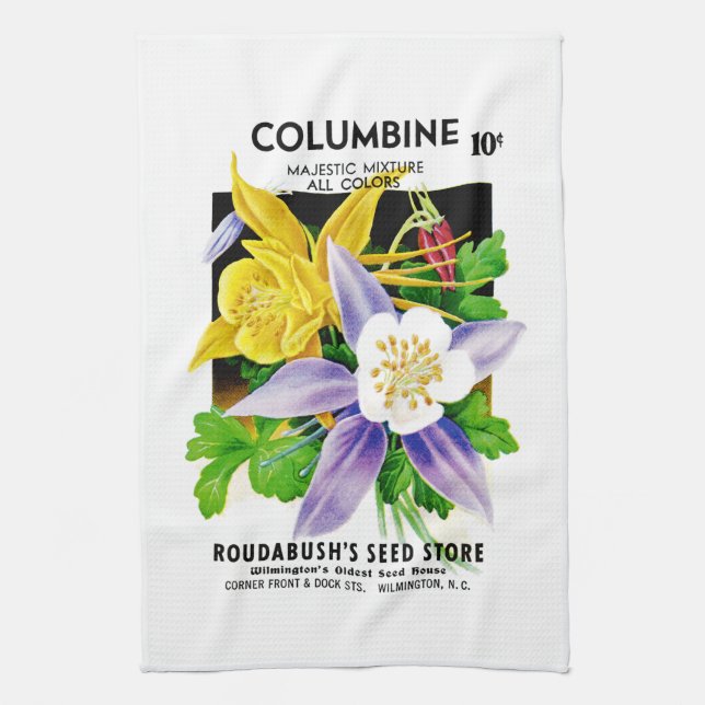 Columbine Flowers Seed Packet Label Kitchen Towel (Vertical)
