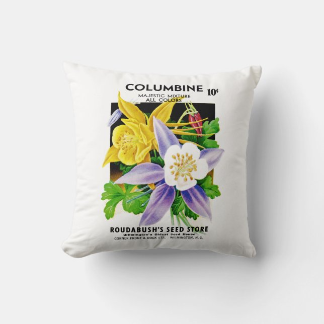 Columbine Seed Packet Label Throw Pillow (Front)
