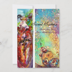 COLUMBINE Sweet Sixteen Masquerade Party,blue gold Invitation