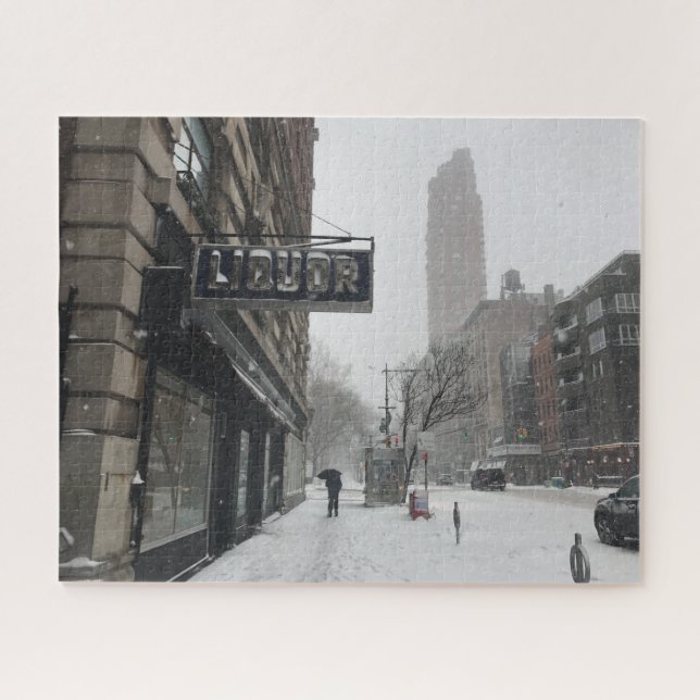 Columbus Avenue Liquor Store NYC Snowstorm Winter Jigsaw Puzzle (Horizontal)