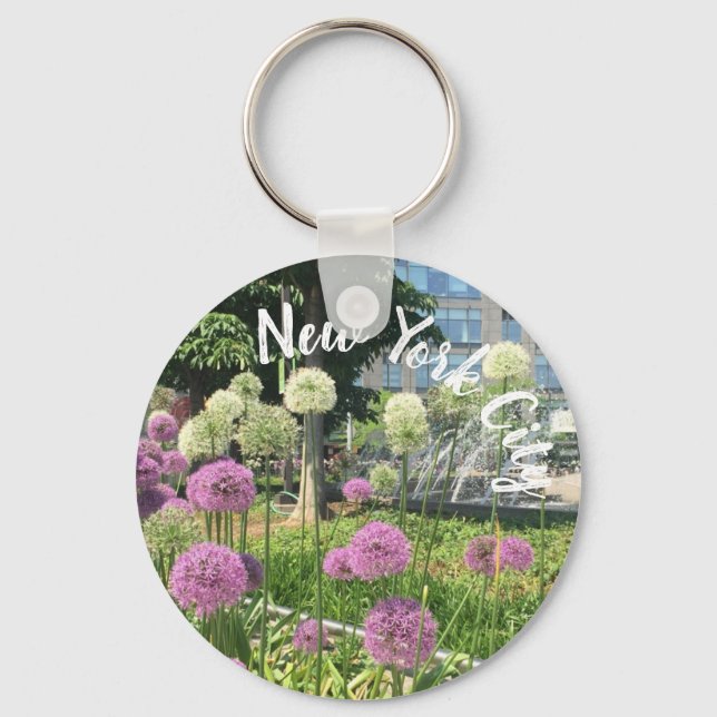 Columbus Circle NYC Allium Fountain Flowers Photo Keychain (Front)
