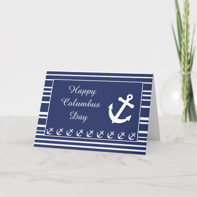 Columbus Day, Nautical Anchor and Stripes Card (Front)