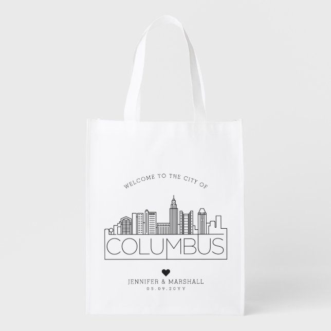 Columbus, Ohio Wedding | Stylized City Skyline Grocery Bag (Front)