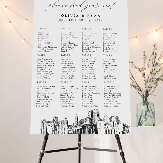 Columbus Wedding 12 Table Seating Chart 24x36 Foam Board (In Situ (Stand))