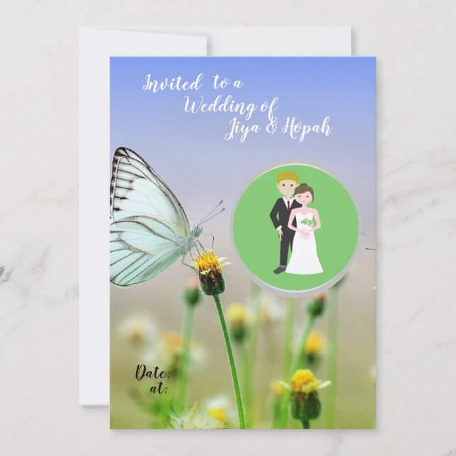  Column Paper Vintage Couple Garden Butterfly Invitation (Front)