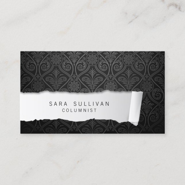 Columnist Ripped Paper Damask Publishing Business Card (Front)
