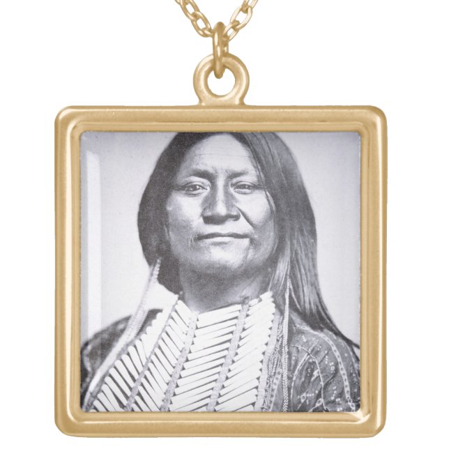 Comanche Tribesman, 1872 (b/w photo) Gold Plated Necklace (Front)