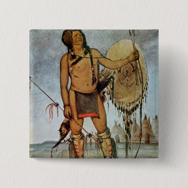 Comanche warrior with a shield, lance and bow and button (Front)