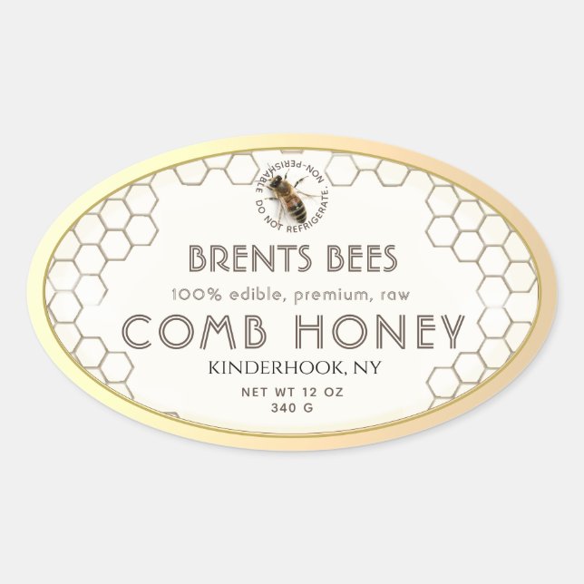 Comb Honey label with Bee Honeycomb Gold Edge (Front)