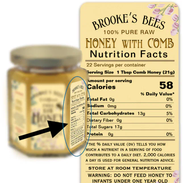 Comb Honey Nutrition Facts Infant Warning Hex Jar Label | Zazzle