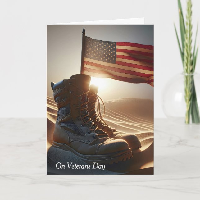Combat Boots and Flag In Desert Sand Card (Front)