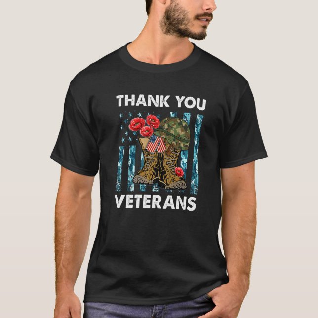 Combat Boots Thank You Veterans Poppy Flower Veter T-Shirt (Front)