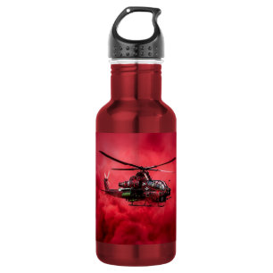 Combat Helicopter Flying Above Massive Flames Stainless Steel Water Bottle