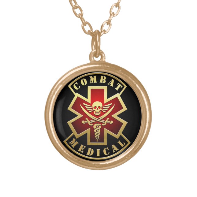 Combat Medical Skull & Swords Cross Patch Gold Plated Necklace (Front)
