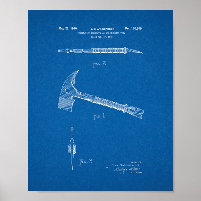 Combination Fireman's Ax And Wrecking Tool Patent Poster (Front)