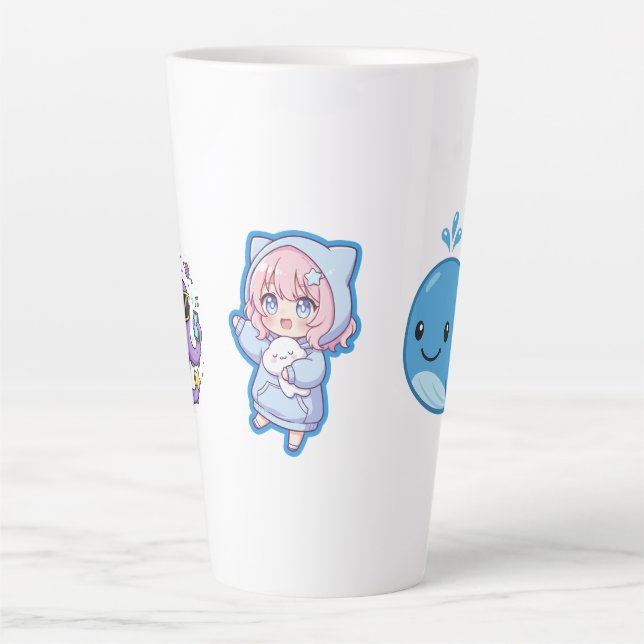 Combo Kawaii Anime, Cute Blue Whale and Octo-Vibes Latte Mug (Front)