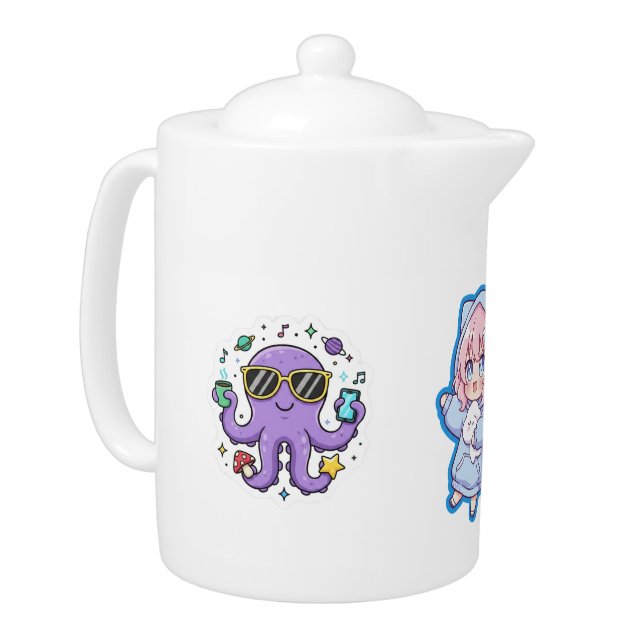 Combo Kawaii Anime, Cute Blue Whale and Octo-Vibes Teapot (Left)