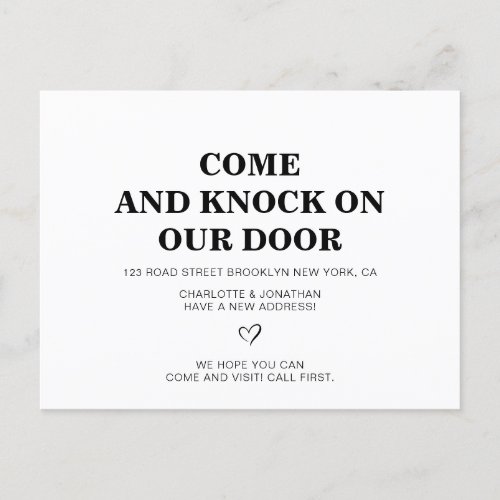 Come and Knock Our Door Black Simple New Address  Announcement Postcard