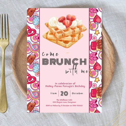 Come Brunch With Me pink birthday invitation