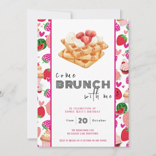 Come Brunch With Me white pink birthday invitation (Front)