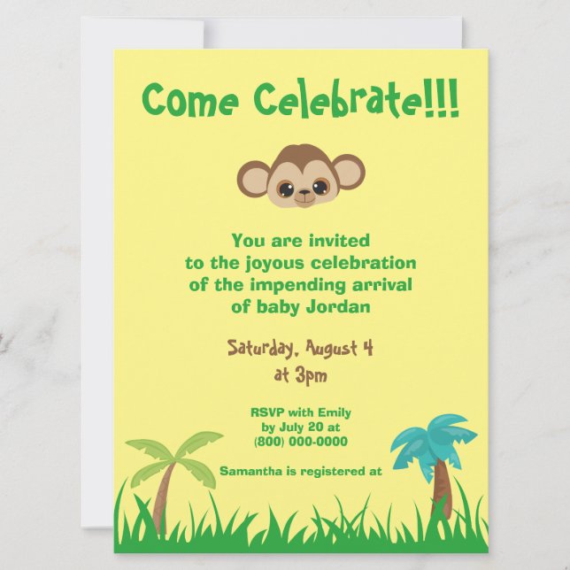Come Celebrate Gender Neutral Monkey Baby Shower Invitation (Front)