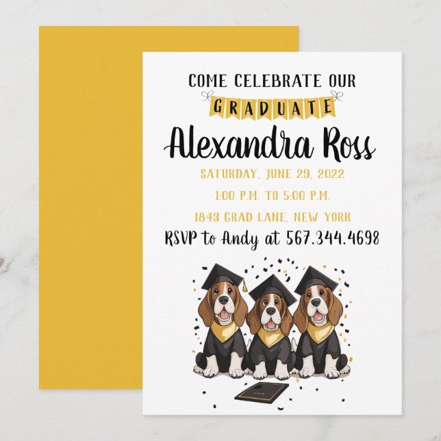Come Celebrate Our Graduate Basset Hound Dogs Invitation (Front/Back)