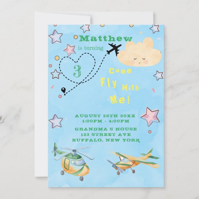 Come Fly With Me Airplanes Boy Birthday Party Announcement (Front)