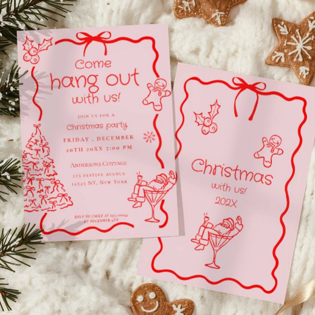 Come hang out Whimsical Red Pink Christmas Party Invitation (Creator Uploaded)